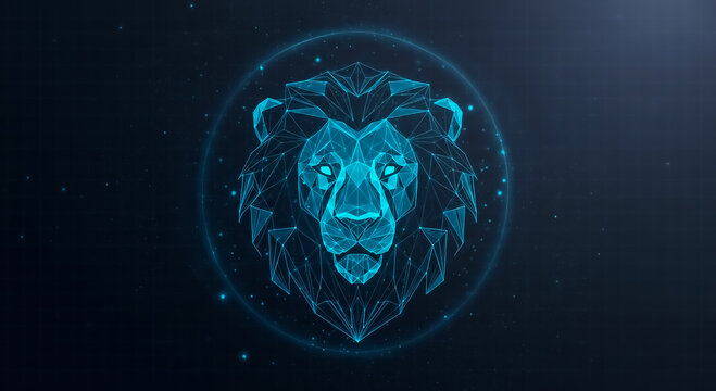 Futuristic 3D lion head rendered in glowing blue wireframe with hexagonal patterns, set against a starry space backdrop.