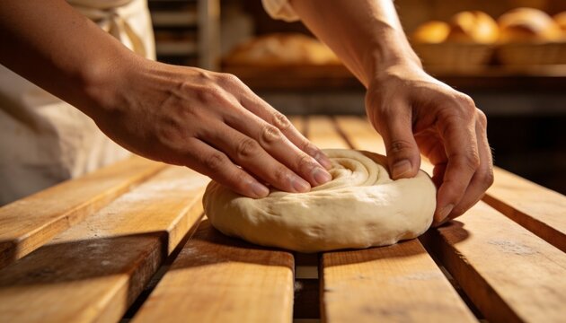 Shaping baker hands tucking and smoothing coiled dough at bakery bench with flour racks and apron