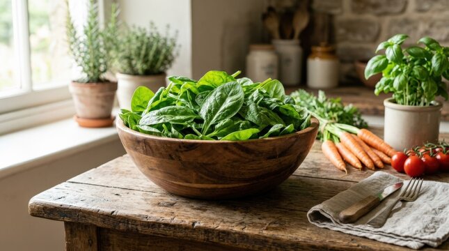 Bright leafy spinach arranged in a wooden bowl on a weathered wooden table, fresh vegetables with sustainable lifestyle and healthy eating appeal, strong commercial value for plant-based food, farm