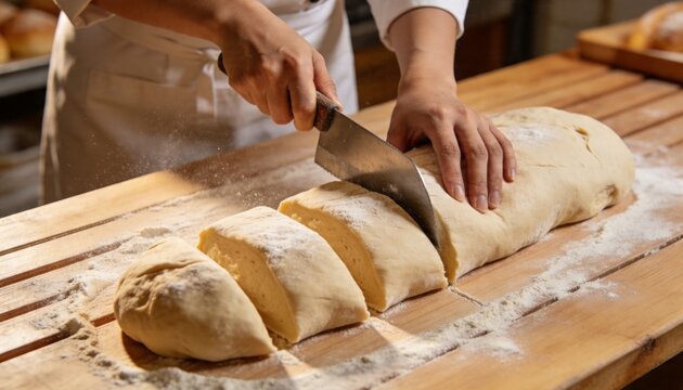 Slicing baker hands cutting dough log on floured plank in bakery with chef's knife, wearing apron