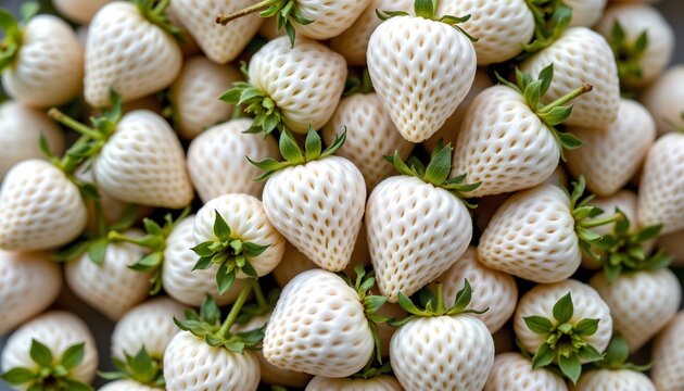The image features a large collection of white strawberries clustered closely together. Each strawberry has a textured surface with tiny, evenly spaced seeds and a slightly conical shape