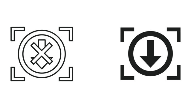 Black and white vector icons of camera and download symbols isolated on white background
