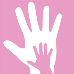 Fototapeta premium Minimal flat illustration of adult and child hands together on pink background, symbolizing parenting, family love, care, protection, support, connection, childhood, and social unity
