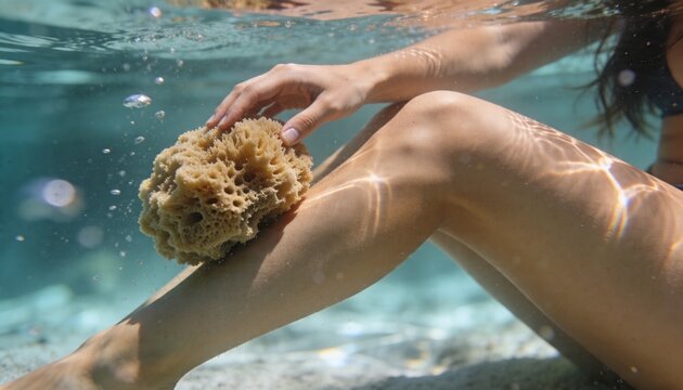 Woman rubbing sea sponge on shin with hand in shallow sea, sunlight, bubbles, dark swimsuit visible