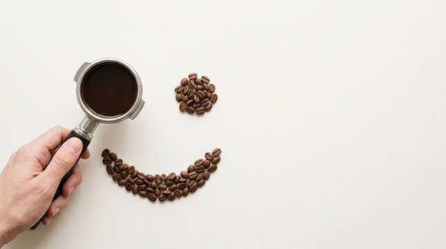 Hand holds portafilter with espresso as eye of smiley made of coffee beans on light background, minimal banner concept with usable copy space, clean commercial stock image, premium commercial stock