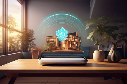 Router domestico su mensola moderna con ologramma di sicurezza Wi‑Fi. Ideale per temi cybersecurity, smart home, protezione della rete, tecnologia e connessione sicura.