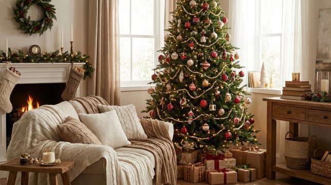 Christmas tree adorned with decorations in a cozy living room, warm holiday interior concept with festive lights, seasonal decor and family home appeal, soft natural light, clean composition,
