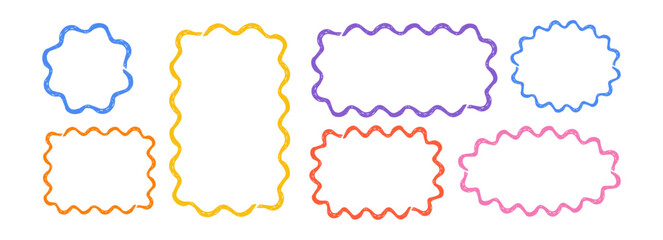 Fototapeta premium Scribble crayon doodle scalloped frames set. Chalk grunge girly blobs for text. Fluffy, wiggle label, stamp. Wavy whimsical edges curly doodle border.