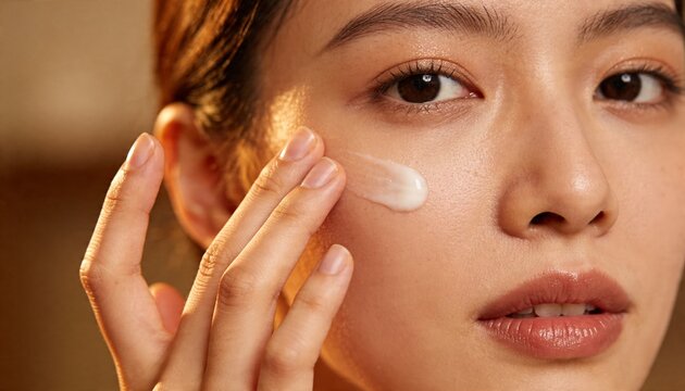 Applying Asian female spreading white cream on right cheek in studio, with index and middle fingers