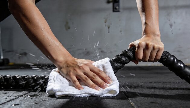 Gripping bare forearms working with heavy braided battle rope on gym floor, with white towel