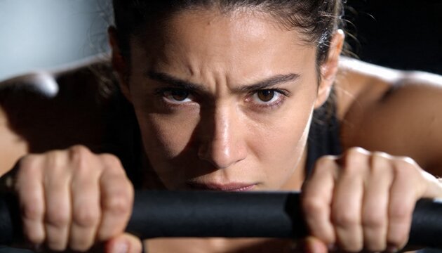 Gripping black padded bar, fit woman straining and pulling at gym, showing sweat, tank top