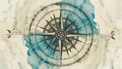 Fototapeta premium Antique Nautical Compass Rose Illustration with Watercolor Wash Background - Vintage Navigation Chart Design Element