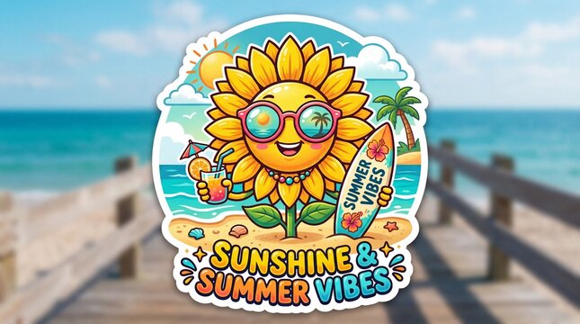 Cartoon sunflower character enjoying summer beach vacation with surf