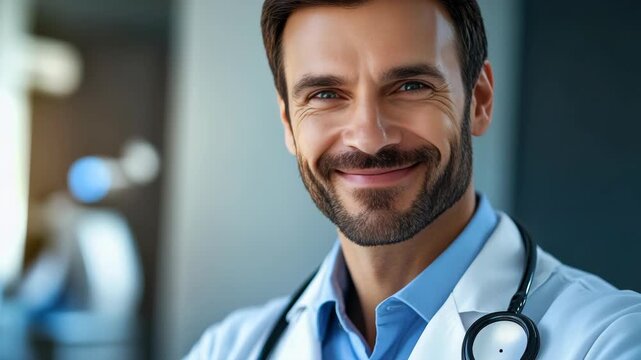 Smiling man in doctor's coat.