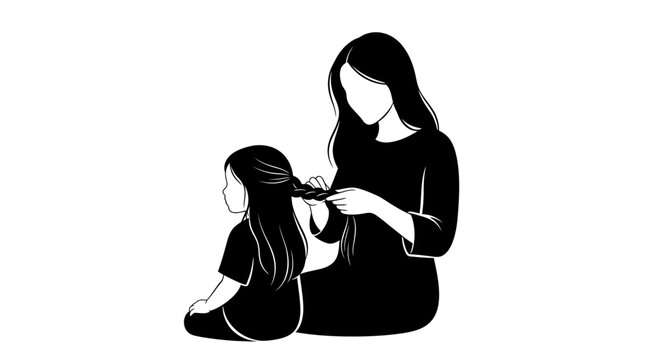 Woman braiding childs hair black and white illustration