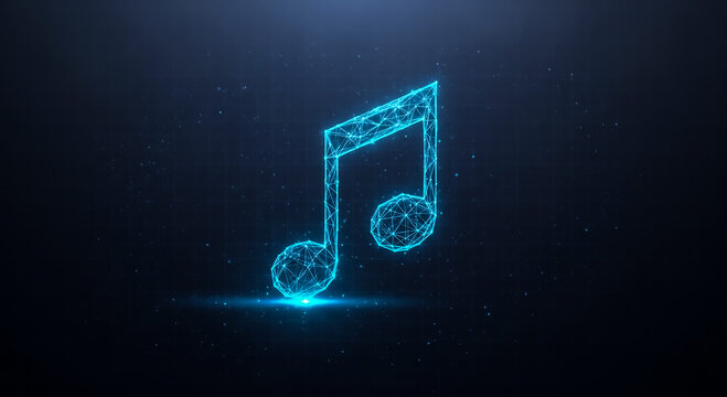 Vibrant blue neon eighth note and sharp symbol on a dark tech-inspired backdrop, evoking digital music and futuristic sound themes.