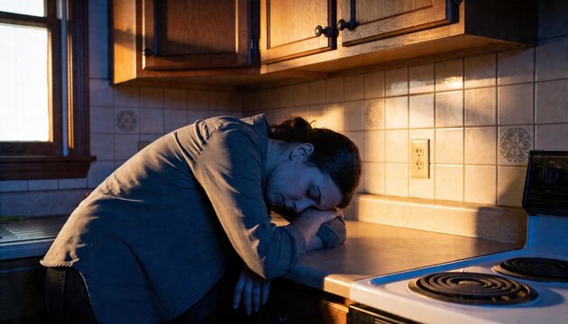 Leaning woman resting head on folded forearms at kitchen countertop, wearing long-sleeve shirt