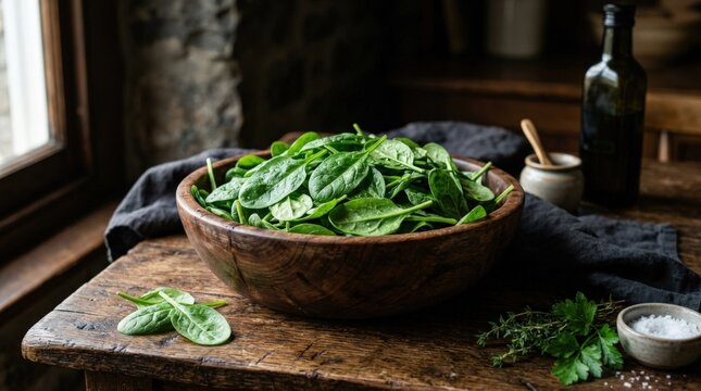 Wooden bowl filled with fresh baby spinach leaves on a rustic wooden table against a dark background, healthy organic greens in a clean eating concept with strong commercial food appeal, soft natural