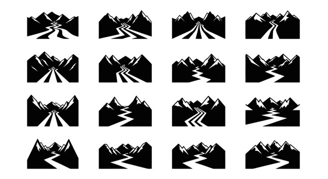 Collection of mountain road icons in black and white.
