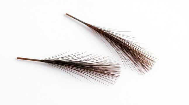 Brown eyebrow hairs on clean white background. Thin natural fibers spread like fan shape. Macro view of fine strands showing texture and detail.