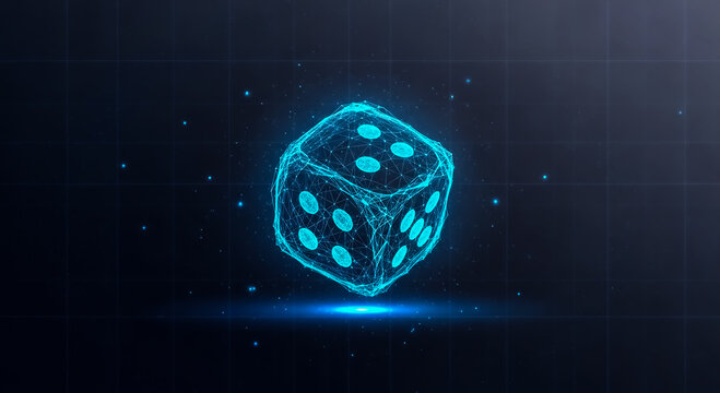 A high-tech glowing blue dice with circuit-like design floats in dark space, emitting neon light and futuristic vibes.