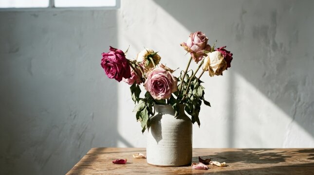 Close-up of wilted roses in a vase, harsh light and sharp shadows on a pale background creating a moody floral still life, themes of fading beauty, time and memory with editorial appeal, soft