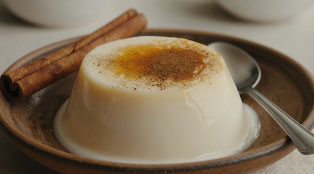 Creamy coconut tembleque dessert with cinnamon spice on top. This traditional Puerto Rican sweet treat is served in rustic bowl with spoon, cinnamon stick. Perfect for food blogs, cultural features.