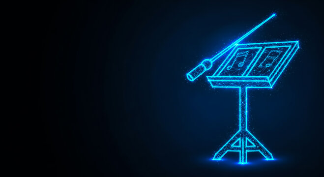 A glowing neon blue outline of a music stand with a conductor's baton on a dark background, symbolizing music, composition, or performance.