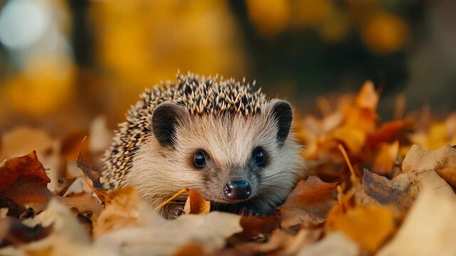 Adorable hedgehog peering through autumn leaves on a bright day.