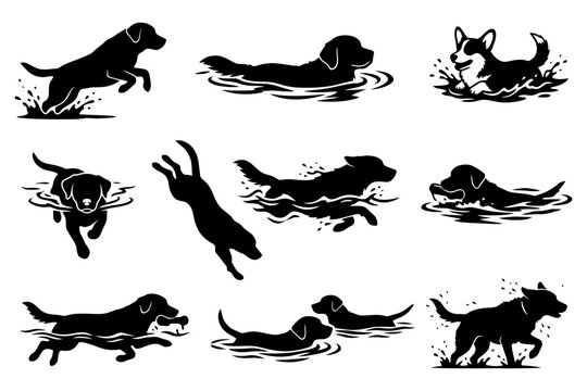 Silhouettes of various dog breeds swimming and playing in water.