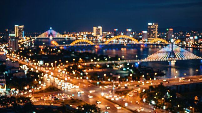 Danang city bokeh lights in a soft night background, urban travel atmosphere, nightlife mood and modern destination concept for tourism campaigns, editorial design and commercial backdrops, glowing