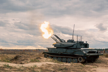 Fototapeta premium Abrams main battle tank participates in live-fire drills at training ground