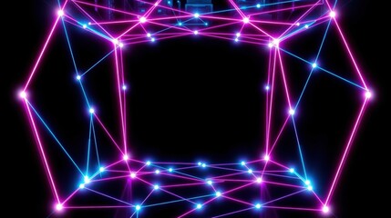 Obraz premium Neon geometric structure. Bright lines connect points creating abstract frame. Dark background emphasizes glowing shapes.