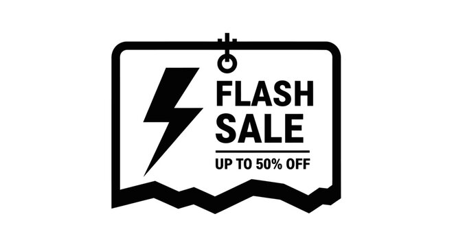 Flash Sale Sign with Lightning Bolt and 50% Off Discount - Black and White Graphic