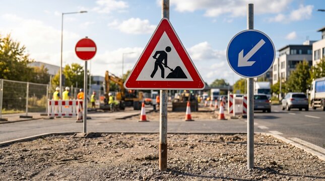 Road construction site with heavy machinery and warning signs indicating work ahead