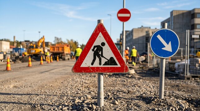 Road construction site with heavy machinery and warning signs indicating work ahead