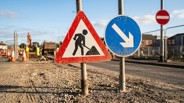 Road construction site with heavy machinery and warning signs indicating work ahead