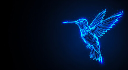 Obraz premium A vibrant 3D-rendered hummingbird with luminous blue neon wings and body, captured mid-flight against a dark background.