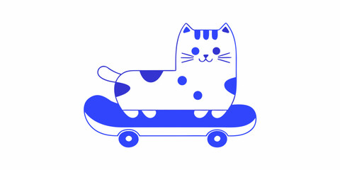 cat on skateboard playful blue line drawing on white background © Bijon