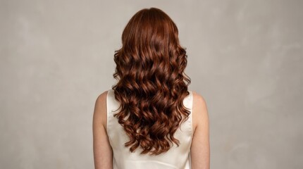 Fototapeta premium Back view of a woman with long auburn curly hair styled in soft waves, clean hairstyle showcase for salon branding, beauty campaigns, hair care promotion and editorial inspiration, healthy texture and