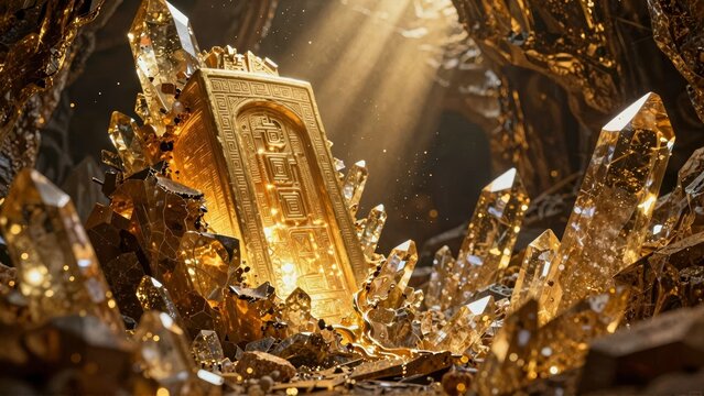 Cinematic Golden Ancient Artifact in Crystal Cavern