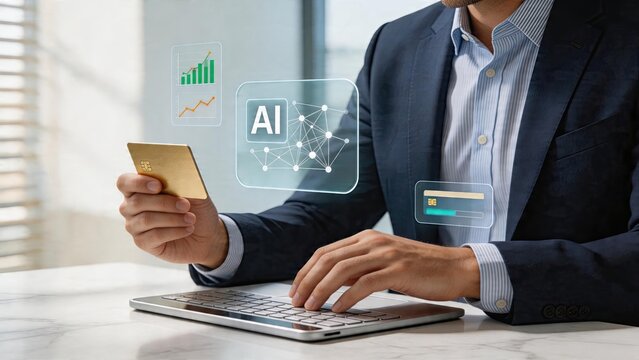 Businessman using laptop with artificial intelligence holograms financial data analysis smart technology interface digital banking innovation AI integration in commerce