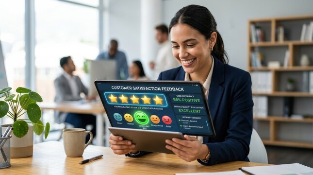 Customer satisfaction feedback concept with five star review bar and smile face icons, user experience, review system, quality evaluation and positive online experience for service measurement,