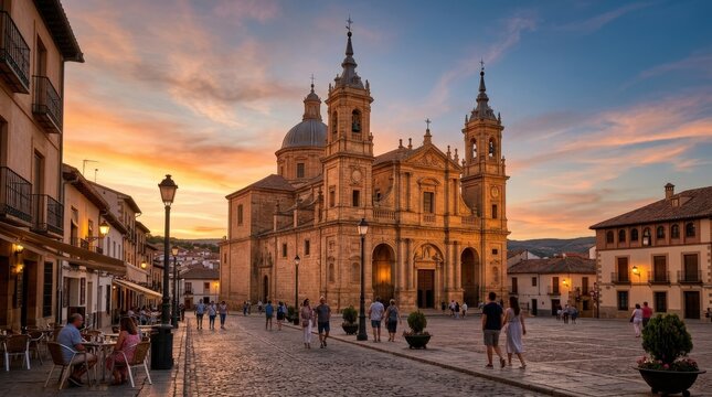Church of San Carlos del Valle at sunset, elegant historic architecture scene with warm evening light and strong travel appeal, natural light, realistic textures, atmospheric depth, polished photoreal