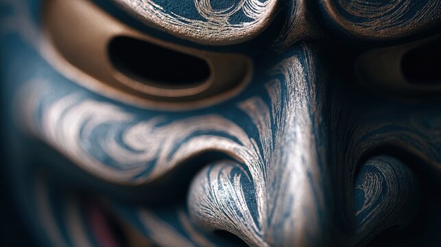A traditional Japanese oni mask is shown on a clear surface. The mask displays intricate details and patterns. This representation connects to Japanese folklore and heritage