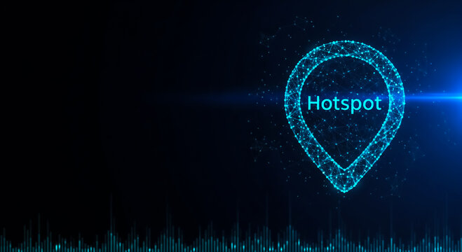 A vibrant digital hotspot symbol illuminated in a high-tech, cyber-themed environment with data streams and network connections.
