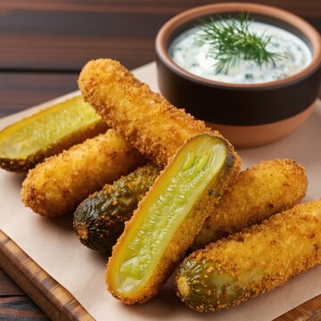 Deep-fried pickle spears are golden brown and crispy. Served with a creamy dill dipping sauce. A tasty appetizer or snack. Perfect for casual dining and parties.