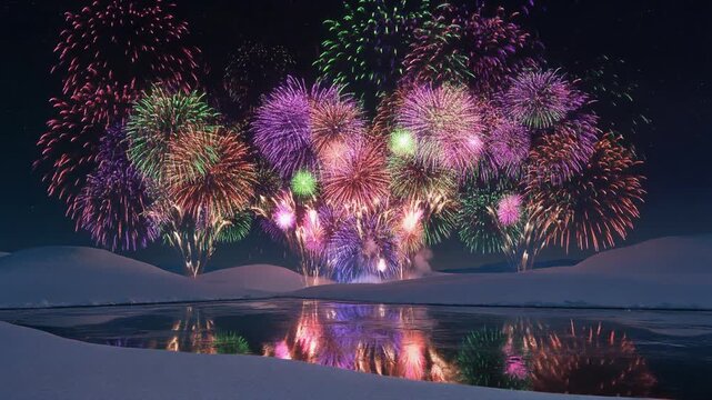 colorful fireworks exploding over snowy landscape at night, reflections on ice and snow, festive seasonal event background, static camera, ultra realistic, 4k, 5 seconds, stable footage, clean footage