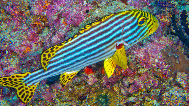 Striped Oriental Sweetlips, Plectorhinchus orientalis, North Ari Atoll, Maldives, Indian Ocean, Asia