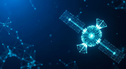 Fototapeta premium High-tech satellite emitting digital signals in a starry cosmos, symbolizing global communication and advanced technology.
